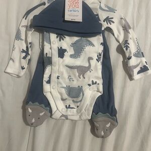 Carter's White & Blue Dinosaur Footie set & Green and Gray Dinosaur Pant sets